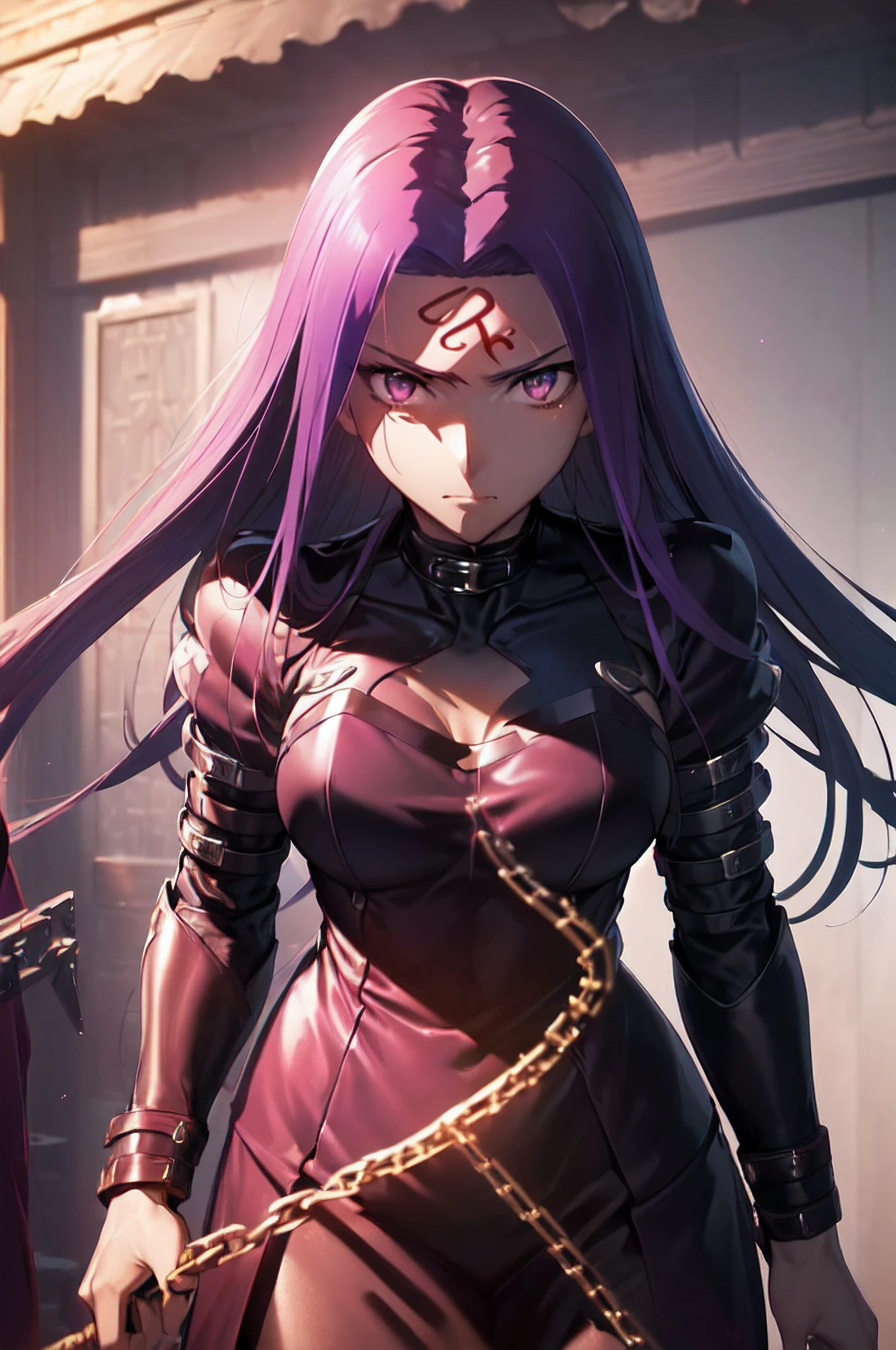 (masterpiece, best quality, high resolution:1.3), Rider/Medusa from Fate/Stay Night, (exquisitely beautiful:1.3), (exceptionally detailed:1.3), (intricately designed costume and armor:1.2), dual-wielding daggers with (sinister chains extending from their bases:1.2), (deep purple eyes with intricate details:1.3), imposing presence, (threatening aura:1.2), (immersive and captivating background:1.2), (best lighting conditions:1.2), (Fate/Stay Night's top-tier character rendering:1.1), (ambient lighting accentuating character's beauty:1.2), (Sony A7R IV camera for unparalleled quality:1.2), (paired with a Sony FE 85mm f/1.4 GM lens:1.2), (capturing the nuanced details of the character design:1.1), (enhancing the immersive and threatening atmosphere:1.1), (delivering an image of extraordinary beauty and intensity:1.1).