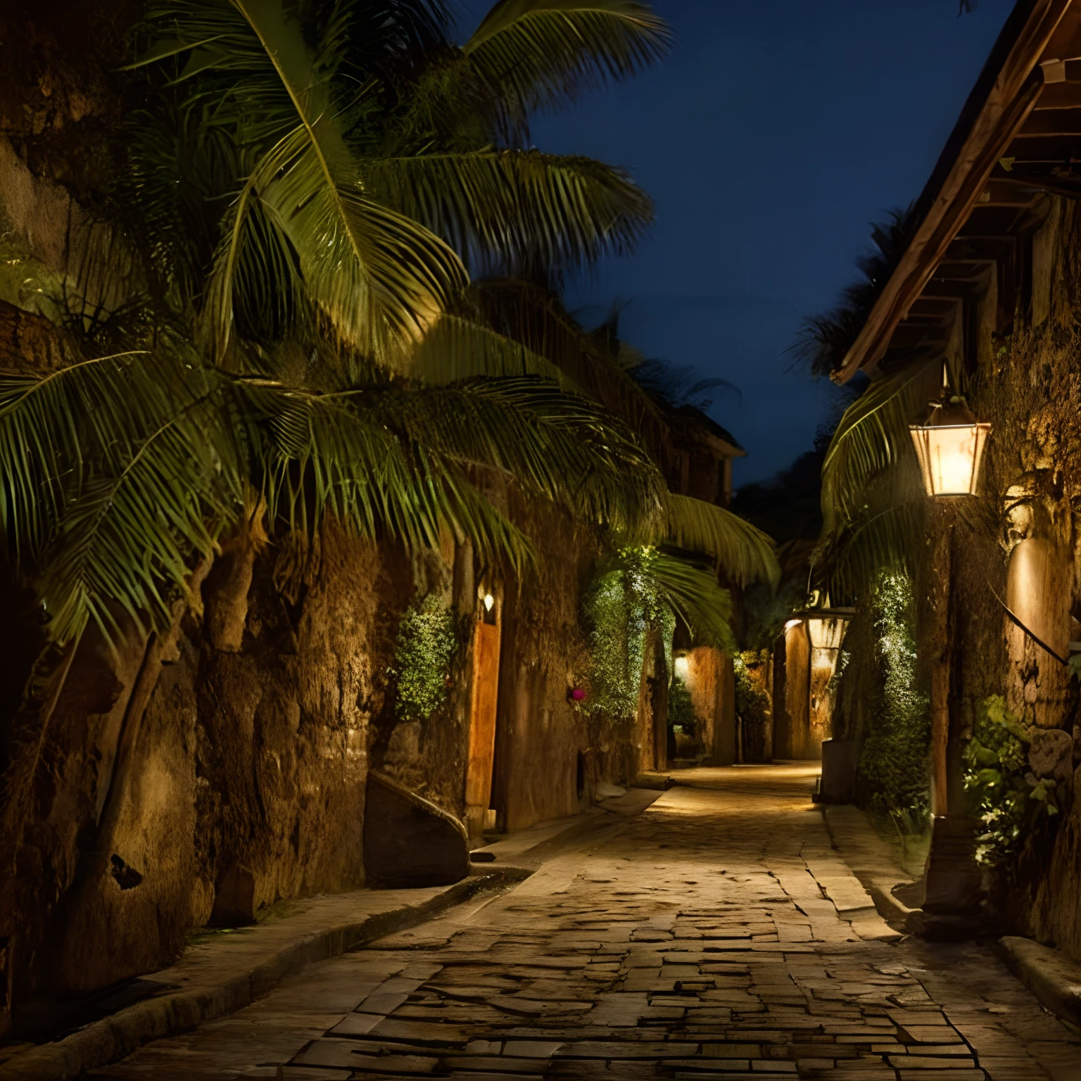 Turtle Island Alley at Night in the 17th Century. Ambiance calme et tropicale. Au fond il y a le port avec des bateaux pirates.