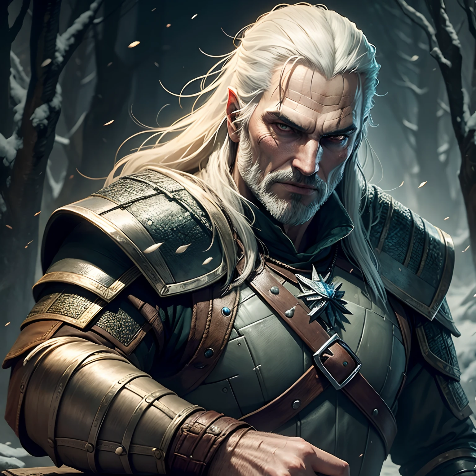 thick outlines, comics, photorealistic, perfect hands, masterpiece:1.2, forest, mist, dark, 1man, solo, monsters, <lora:geraltW3:0.5>, geralt_soul3142, beard, yellow eyes, white hair, armor, chainmail, detailed background, detailed face, detailed eyes, <lora:add_detail:0.7>