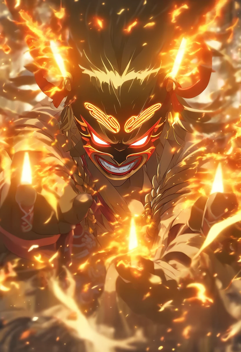 (((Rannya mask))) best quality, very high resolution, detailed CG in 4K, masterpiece,Raijin,storm,thunder, Shui mo Hua, Chinese tribes, Chinese city, forest, aesthetics, beautiful image, centered on screen, Whole body