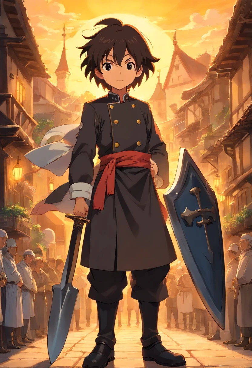 Chef-d'oeuvre, Best quality, 1homme, chevalier, armure ????, claymore, prie , un genou a terre, au bord d'une falaise, coucher de soleil