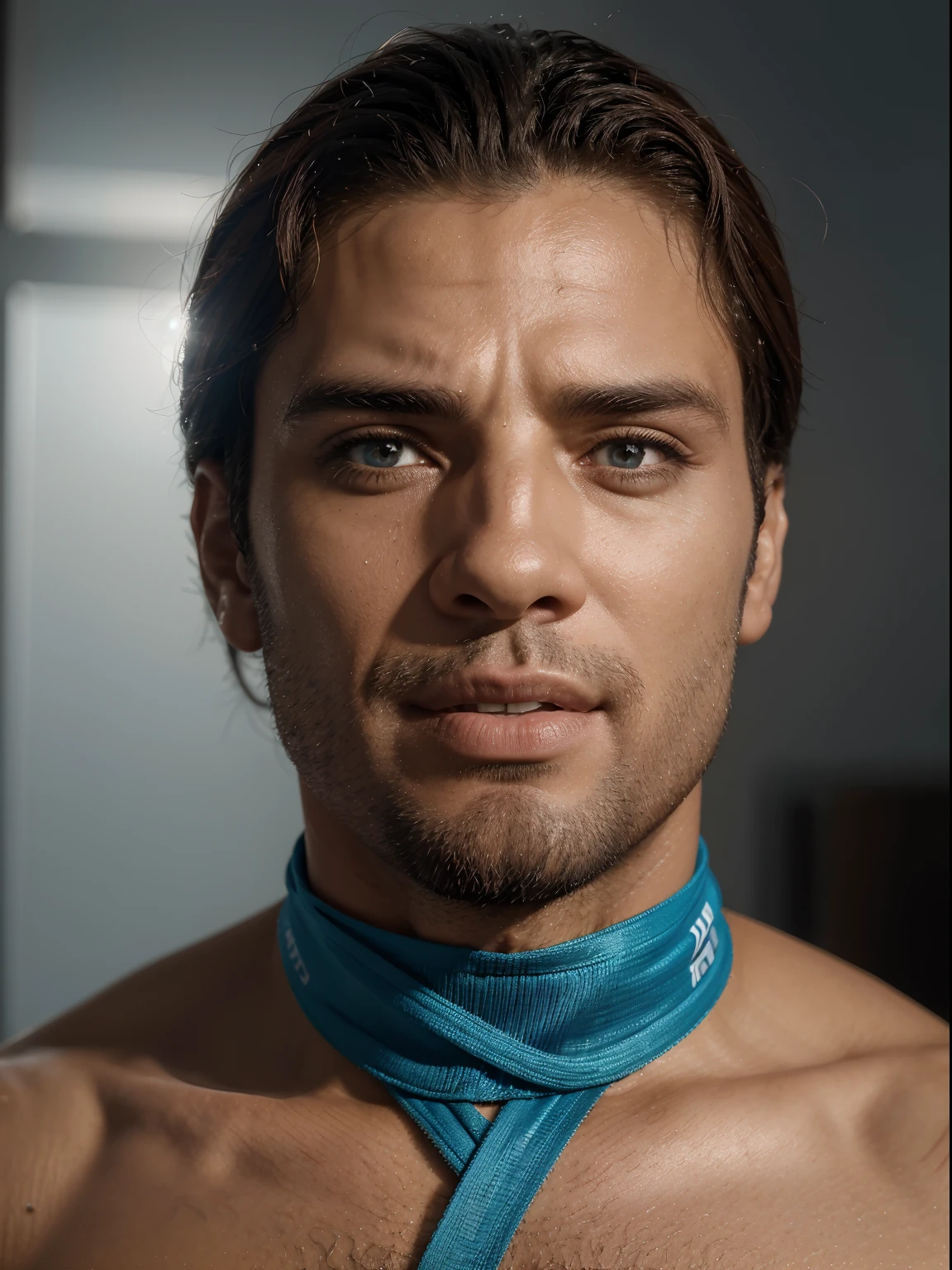 (melhor qualidade,8k,Altas:1.2),ultra-detalhado,Physically-based rendering,Realistic,retrato,homem de cabelos loiros,tiro de corpo inteiro,olhos azuis,apenas vestindo cuecas boxer transparentes ciano azul,expression joyful,confiante,prazer