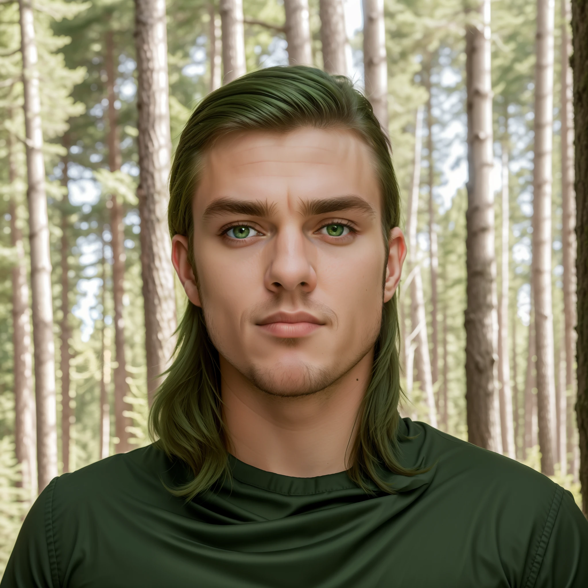 "(best quality,4k,highres,masterpiece:1.2),ultra-realistic,elf guy with beautiful detailed features, intense gaze, lush green forest in the background, masculine,strong,perceptive eyes"