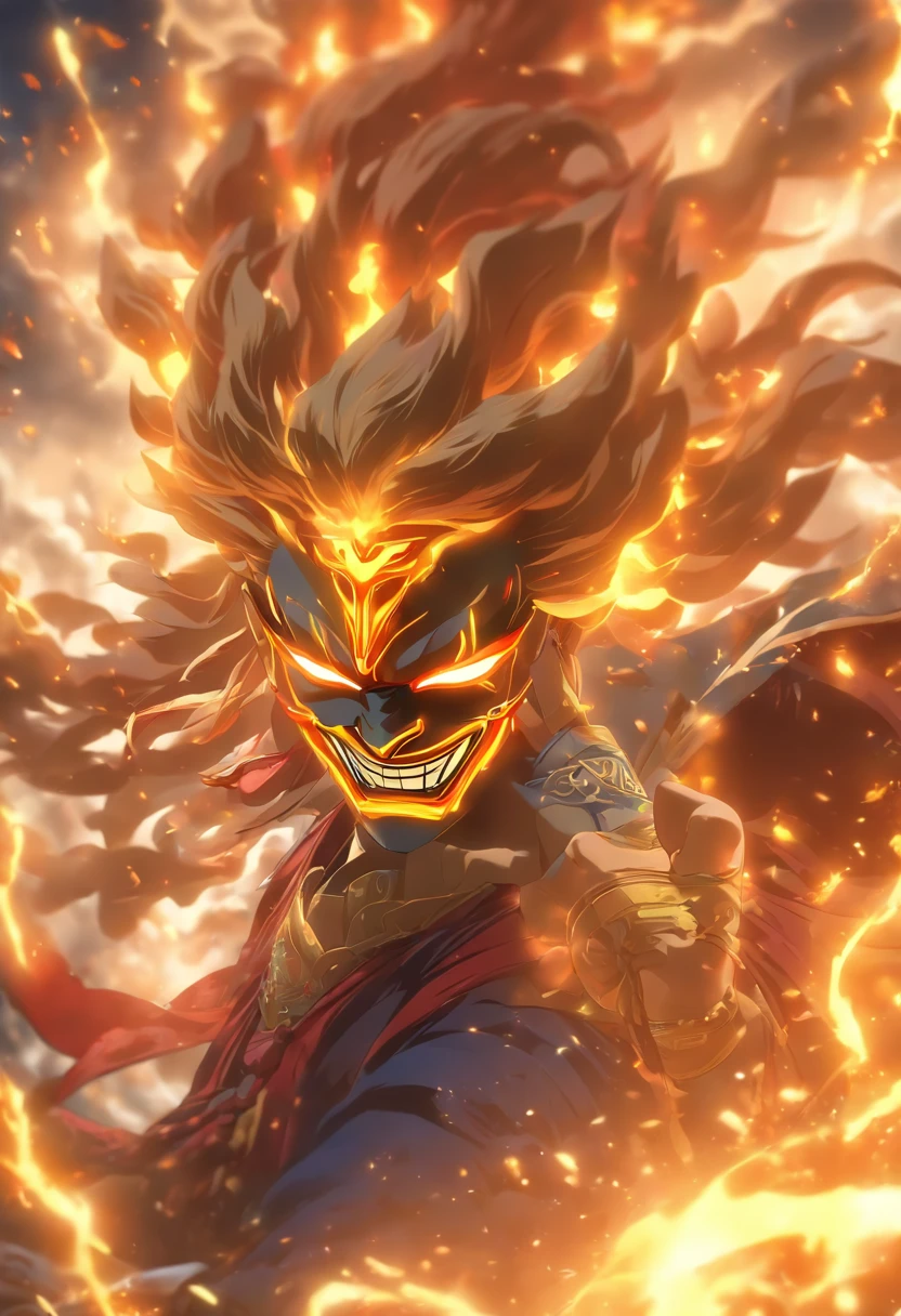 (((Rannya mask))) best quality, very high resolution, detailed CG in 4K, masterpiece,Raijin,storm,thunder, Shui mo Hua, Chinese tribes, Chinese city, forest, aesthetics, beautiful image, centered on screen, Whole body