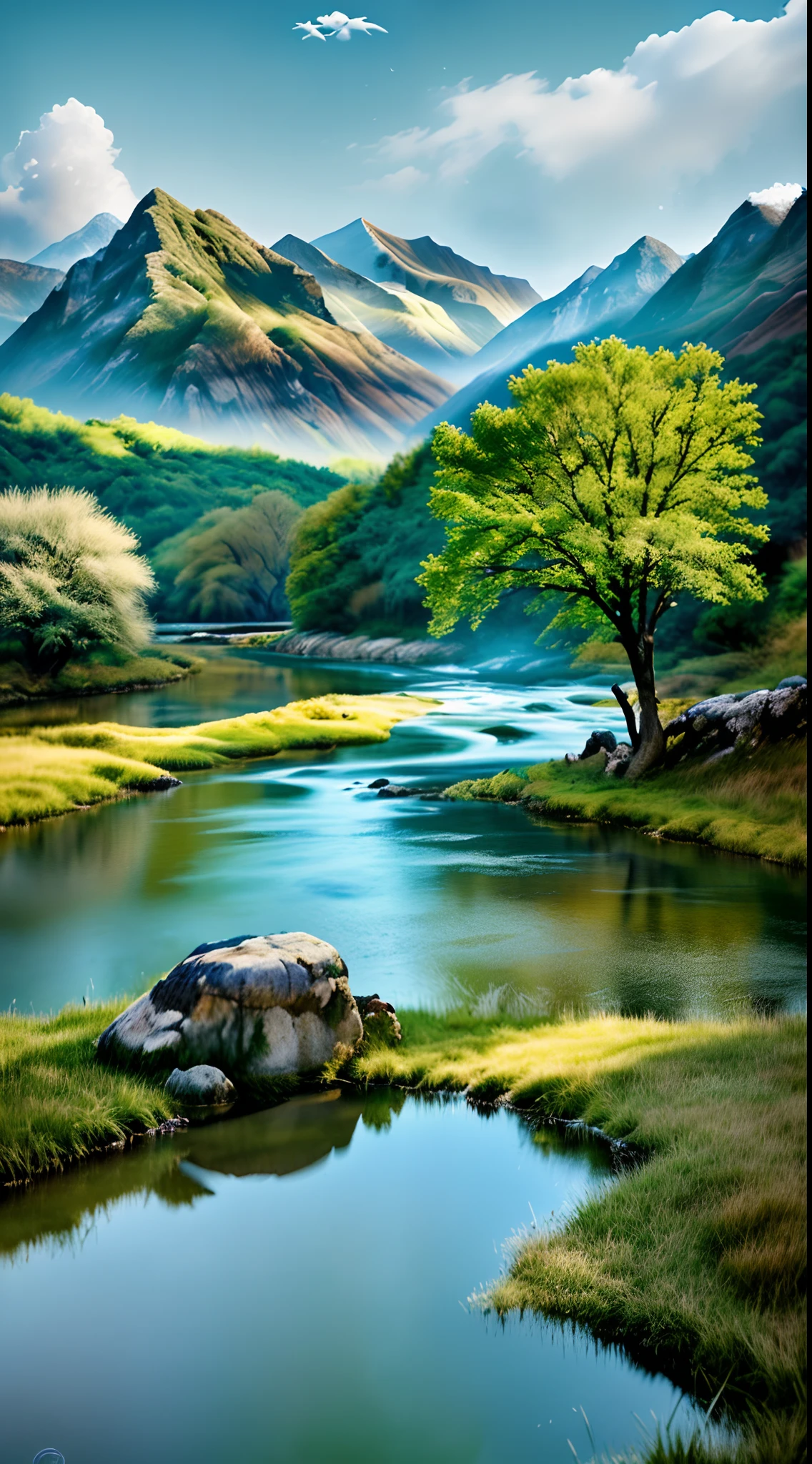Chinese landscape painting,ink and watercolor painting,water ink,ink,Smudge,Faraway view,Ultra-wide viewing angle,Meticulous,Five cow diagram,Five scalpers,River side,Small Stone Bridge,grassy fields,The tree,The vista is a mountain,(8k wallpaper),(light and shadow effect),rendering by octane,White balance design,Extremely detailed picture depiction,wide angles,depth of fields,tmasterpiece,realisticlying,Beautifully depicted,A detailed,acurate,Works of masters,tmasterpiece