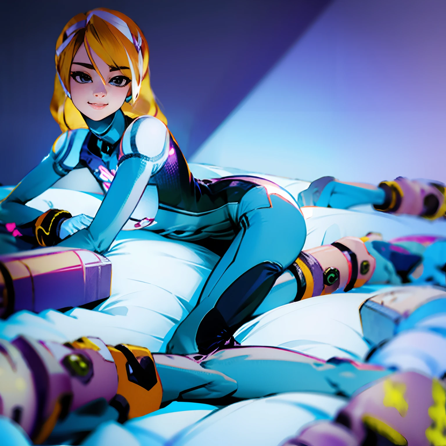 Alia, zero suit, blue suit, boots, hips, laying on bed, smile, blonde hair, casual