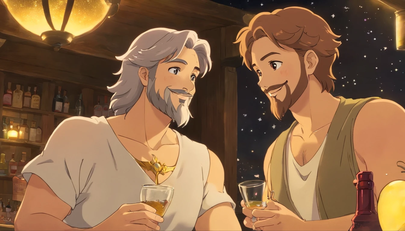 short hair Zeus with sexy beard talking to tavern owner, they deep into conversation, background people party, drinking, having fun, smiling, party, midnight, starry sky, center to zeus and tavern owner,