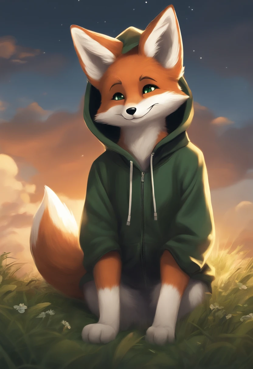 A cute little fox with green eyes and a black hoodie with fox ears coming through the hood. The picture looks like the work of the Makoto Shinkai. the fox is sitting in the sky on top of one cloud, the fox has his eyes closed and is happy. Fox is far in the picture. Fox is small, lovely, cute and happy. masterpiece, best quality