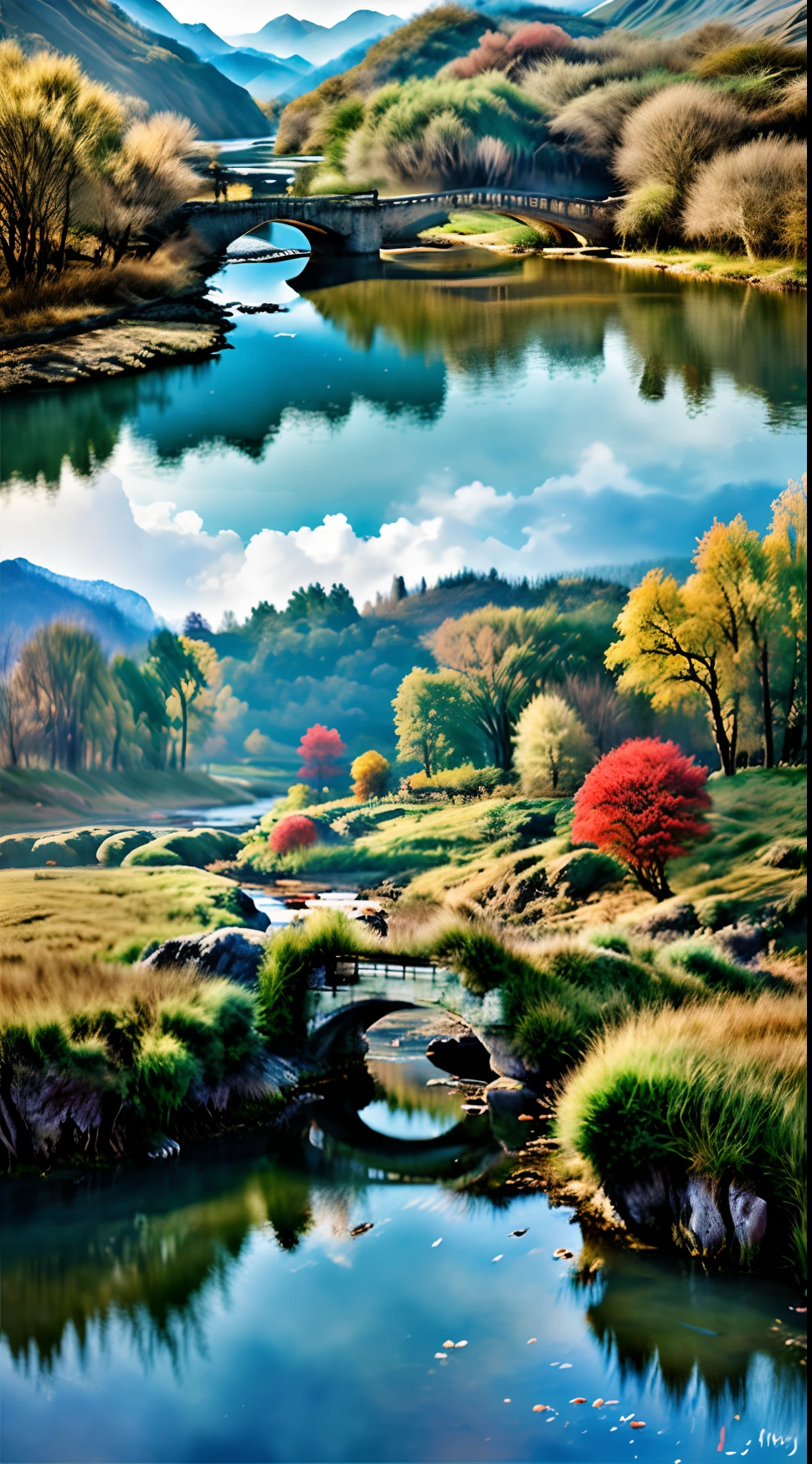 Chinese landscape painting，ink and watercolor painting，water ink，ink，Smudge，Faraway view，Ultra-wide viewing angle，Meticulous，Five cow diagram，Five scalpers，River side，Small Stone Bridge，grassy fields，The tree，The vista is a mountain，（8k wallpaper），（light and shadow effect），rendering by octane，White balance design，Extremely detailed picture depiction，wide angles，depth of fields，tmasterpiece，realisticlying，Beautifully depicted，A detailed，acurate，Works of masters，tmasterpiece