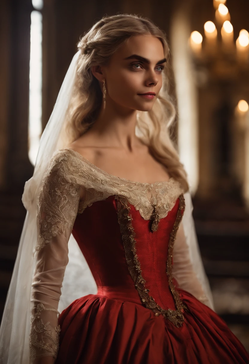 (papel de parede 8k extremamente detalhado),Castlevania Senhor das Sombras, anos 1800, mulher, 20 anos, wearing a red dress from the 19th century, um chapel redondo do seculo 19, foco afiado, (subsurface scatter:1.1), fotografia premiada, epic exquisite character art, rosto centrado, (rosto da Cara Delevingne),dentes de vampiro, sangue escorrendo pela boca, foto de meio corpo:1.1, cabelo loiro,blonde hair, olhos vermelhos:1.2, Sly smile expression, em um baile de gala da alta sociedade inglesas dos anos de 1800, lighting dramatic