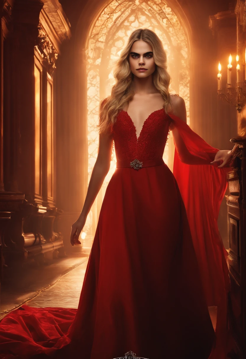 (papel de parede 8k extremamente detalhado),Castlevania Senhor das Sombras, anos 1800, mulher, 20 anos, wearing a red dress from the 19th century, um chapel redondo do seculo 19, foco afiado, (subsurface scatter:1.1), fotografia premiada, epic exquisite character art, rosto centrado, (rosto da Cara Delevingne),dentes de vampiro, sangue escorrendo pela boca, foto de meio corpo:1.1, cabelo loiro,blonde hair, olhos vermelhos:1.2, Sly smile expression, em um baile de gala da alta sociedade inglesas dos anos de 1800, lighting dramatic