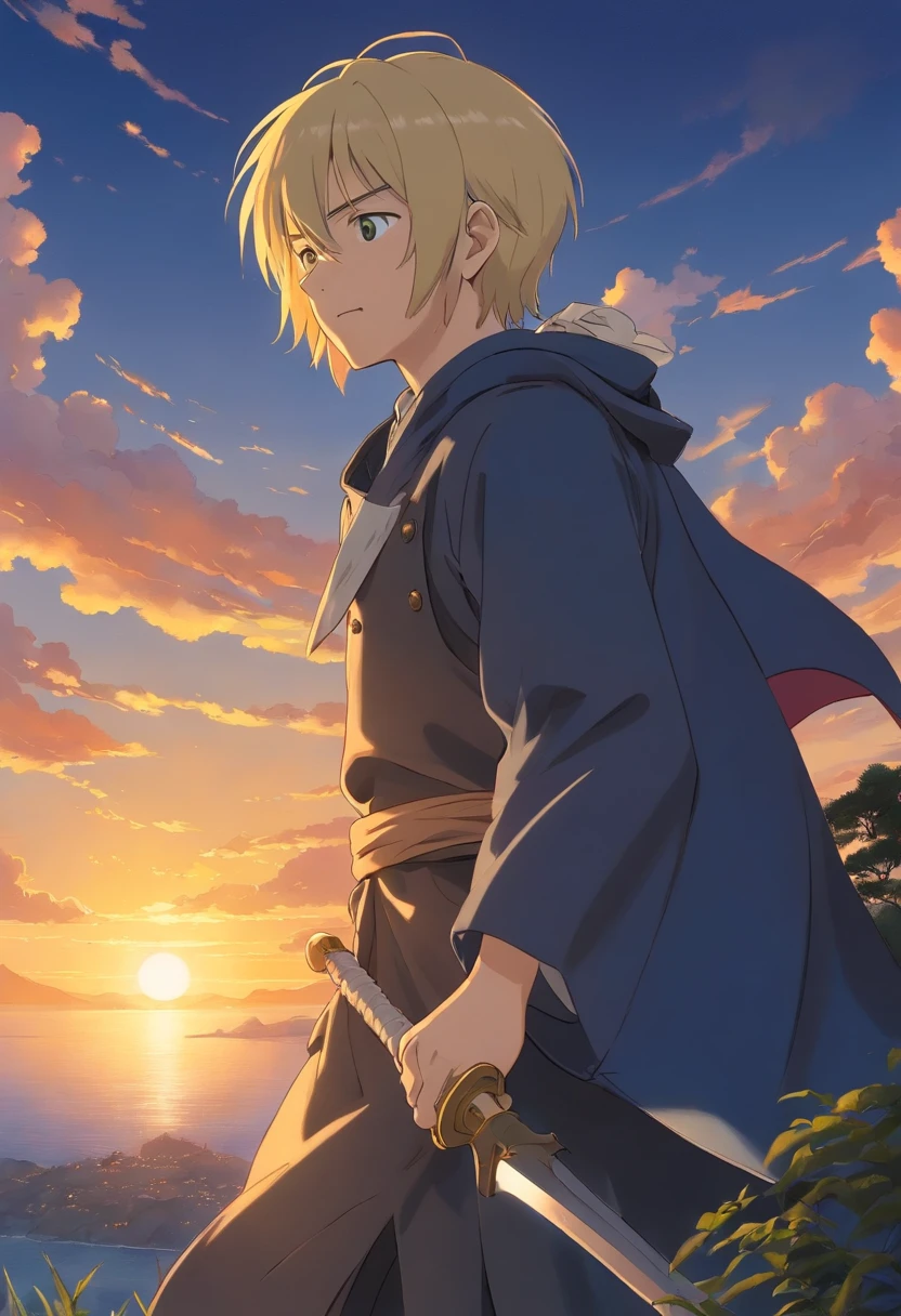Chef-d'oeuvre, Best quality, 1homme, chevalier, armure total noir, claymore, 1genou a terre, au bord d'une falaise, coucher de soleil