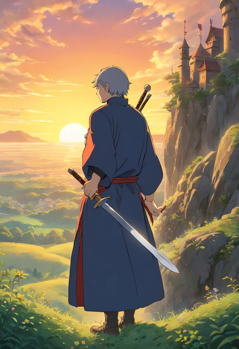 Chef-d'oeuvre, Best quality, 1homme, chevalier, armure total noir, claymore, 1genou a terre, au bord d'une falaise, coucher de soleil