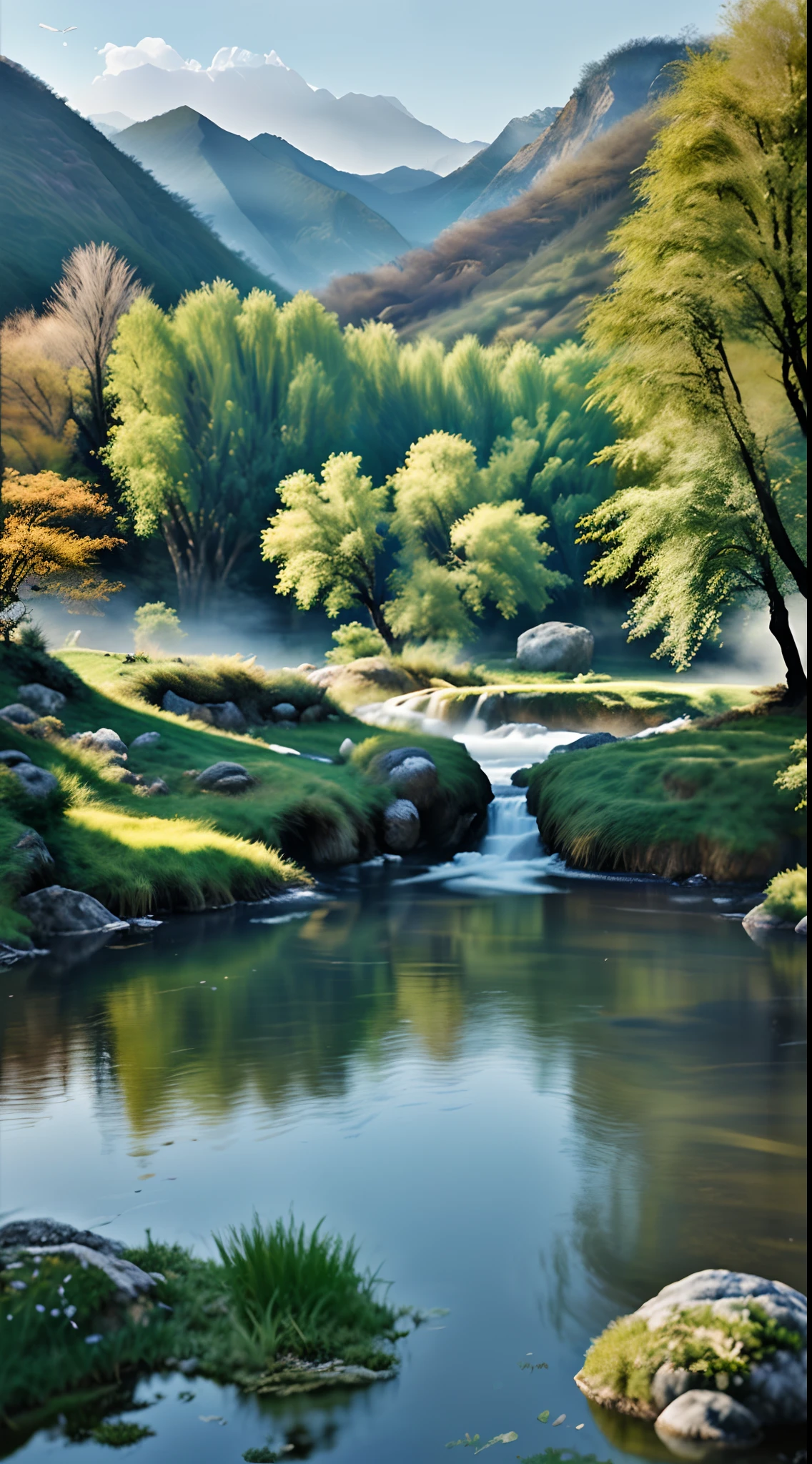 Chinese landscape painting,ink and watercolor painting,water ink,ink,Smudge,Faraway view,Ultra-wide viewing angle,Meticulous,Five cow diagram,Five scalpers,River side,Small Stone Bridge,grassy fields,The tree,The vista is a mountain,(8k wallpaper),(light and shadow effect),rendering by octane,White balance design,Extremely detailed picture depiction,wide angles,depth of fields,tmasterpiece,realisticlying,Beautifully depicted,A detailed,acurate,Works of masters,tmasterpiece