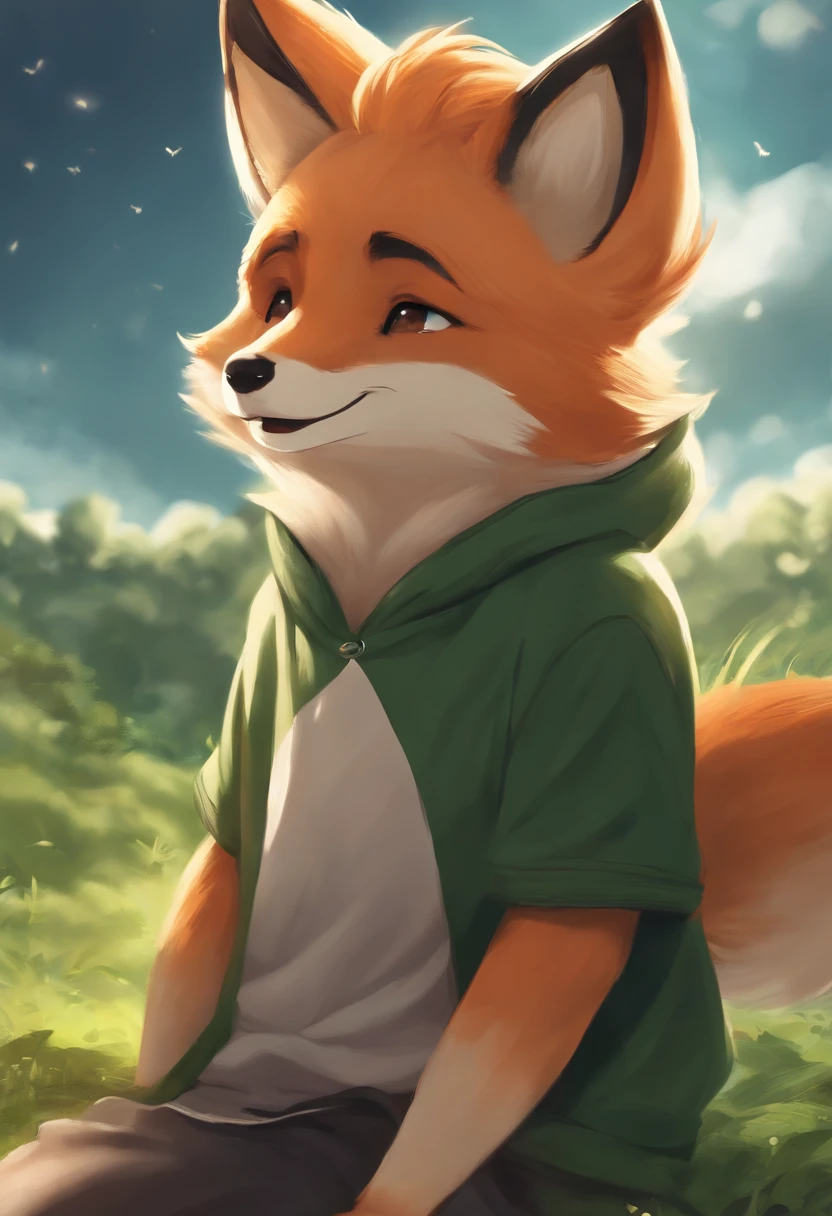 A cute little fox with green eyes and a black hoodie with fox ears coming through the hood. The picture looks like the work of the Makoto Shinkai. the fox is sitting in the sky on top of one cloud, the fox has his eyes closed and is happy. Fox is far in the picture. Fox is small, lovely, cute and happy. masterpiece, best quality