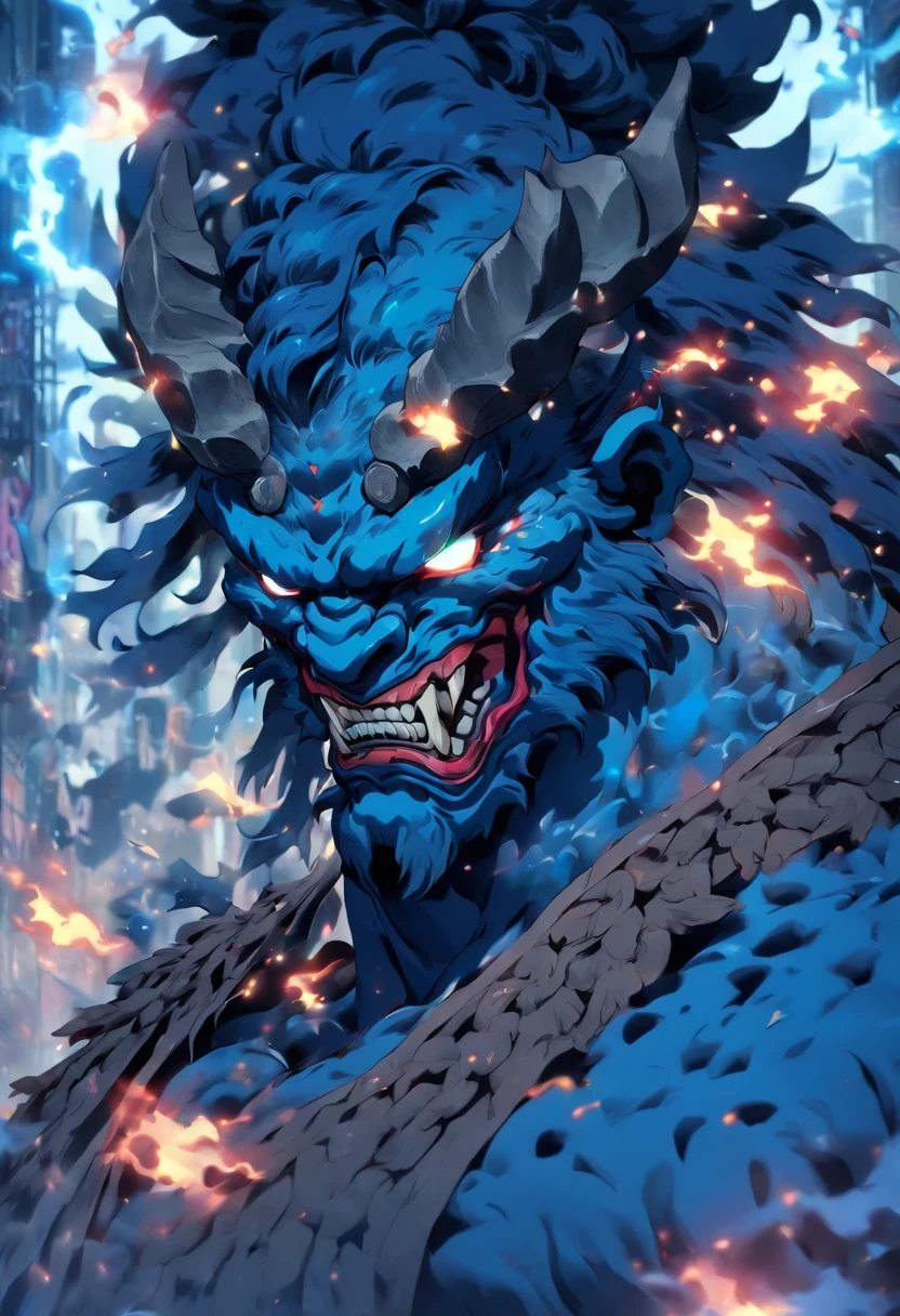 (((Blue Oni))) best quality, very high resolution, detailed CG in 4K, masterpiece, Fujin, sky, cloud, Shui mo Hua, Chinese tribes, Chinese city, forest, aesthetics, beautiful image, centered on screen, Whole body