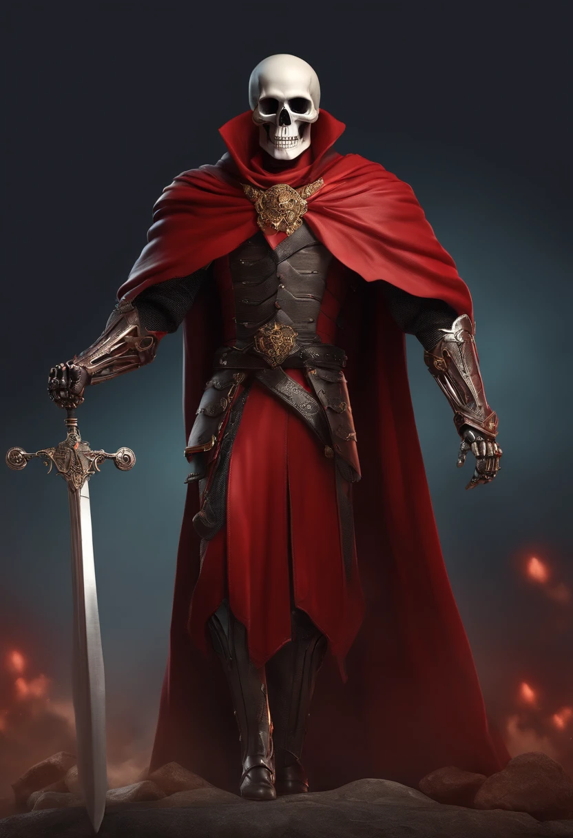 cartoony skeleton, very tall, flowing red cape/scarf, battle armor, prideful pose