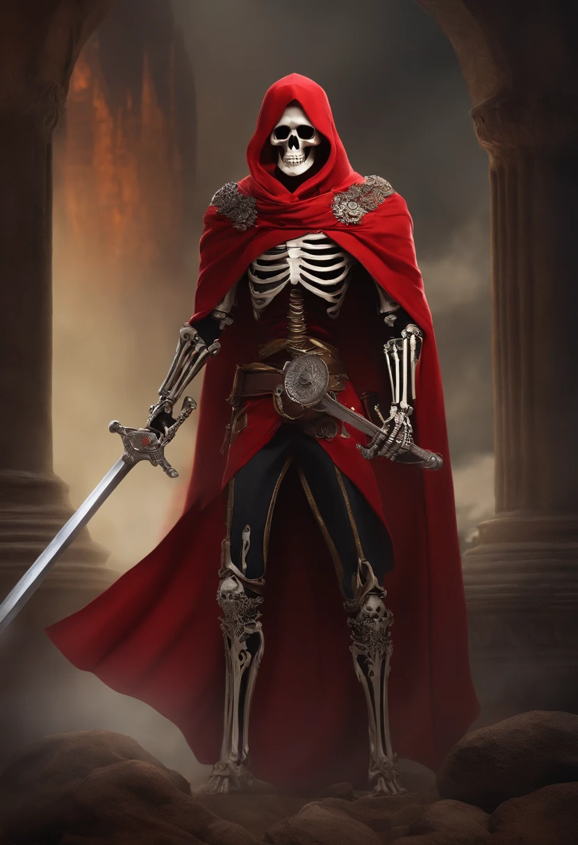 cartoony skeleton, very tall, flowing red cape/scarf, battle armor, prideful pose