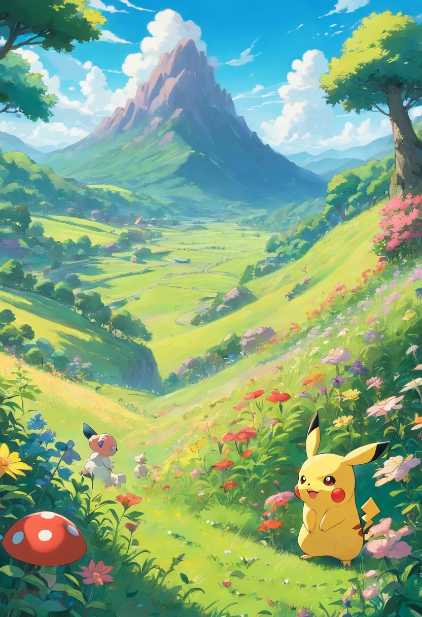 masterpiece, best quality, dresseur de pokemon, casquette, Pikachu next door in a meadow