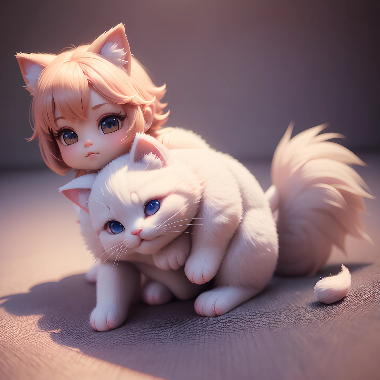 3d, Kemono, (A female white cat furry,) Man bun, white short hair, slender, nude, black eyes, pussy, breasts, roundy, fangs, a male white cat furry with dotted eyes, erected penis, sister and brother, moaning male, saliva, incest, sex, pussy penetration, intense sex, aah, from female's back, doggy style, female leaning forward