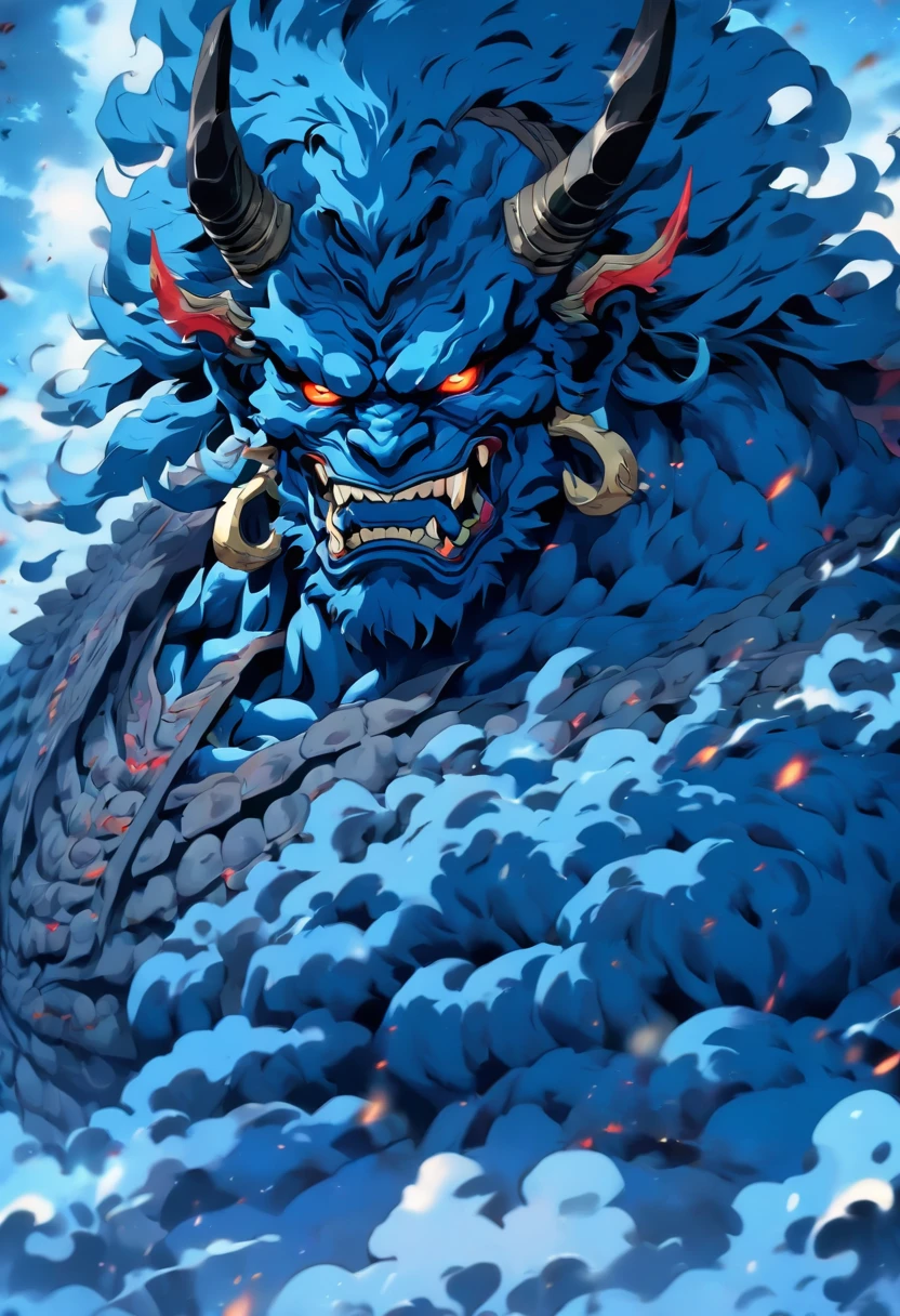 (((Blue Oni))) best quality, very high resolution, detailed CG in 4K, masterpiece, Fujin, sky, cloud, Shui mo Hua, Chinese tribes, Chinese city, forest, aesthetics, beautiful image, centered on screen, Whole body