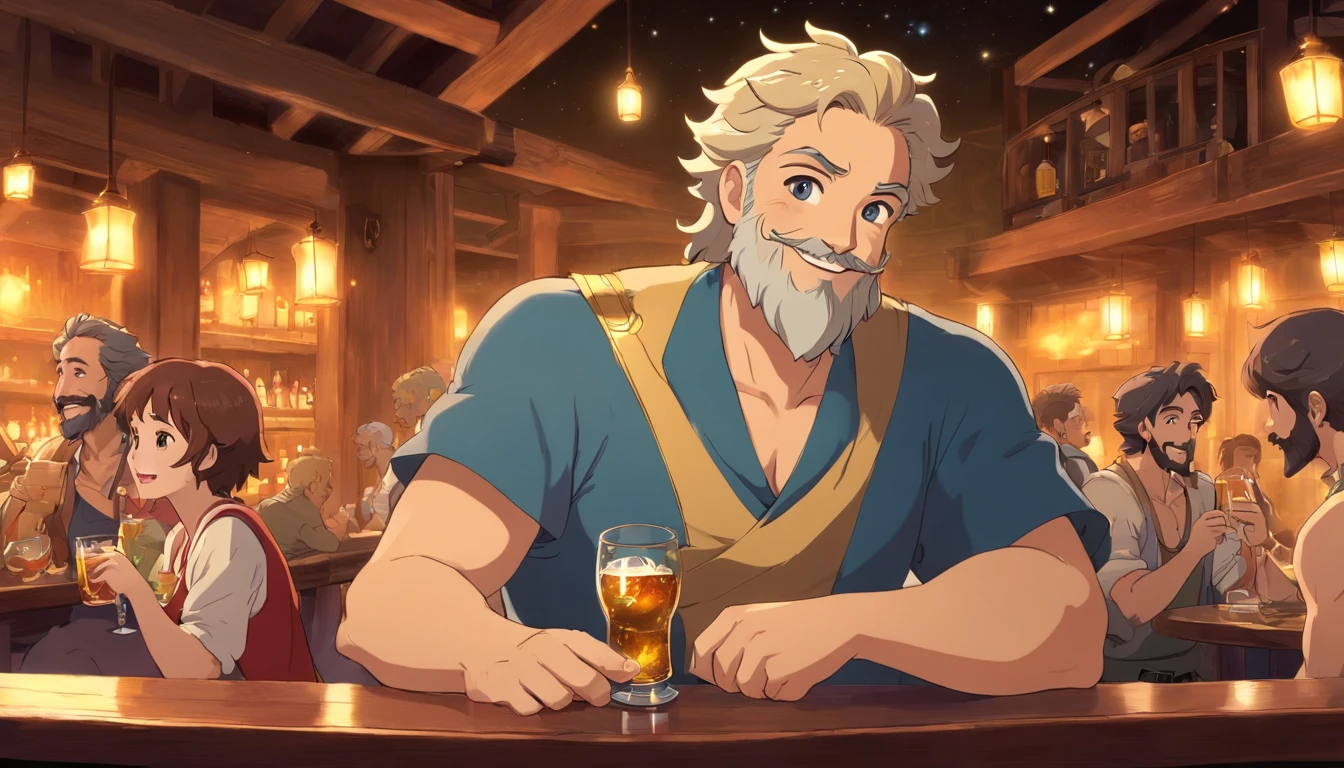 short hair Zeus with sexy beard drinking in tavern with smiling, full body, background people party, drinking, having fun, smiling, party, midnight, starry sky, center to zeus