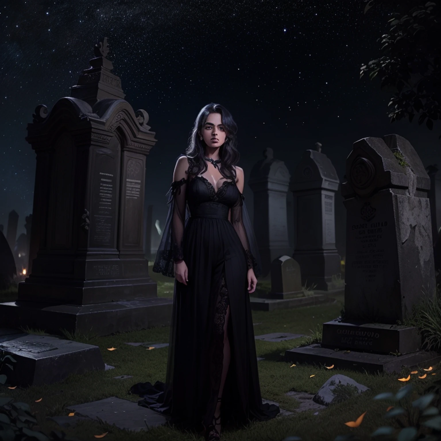 uma jovem no estilo noturno, (jennifer connely), com (Longas, preto) cabelos e (pale, justo) pele. Ela tem (sedutor, Hipnotizante) (vermelho) olhos e (Sharp, Visible) presas de vampiro. she is wearing a (Ajuste de forma, Apertado) vestido espartilho em (vermelho e preto) Cores. A cena se passa em um (assustador, estranho) graveyard (at night) sob um (cheio) lua.