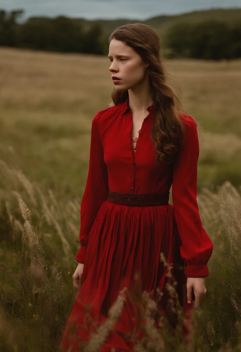 Mia Goth,Brown hair,red long skirt,Turn to the left,head bowed slightly,Rag in hand,Lost,Trapped,Masterpiece,Best quality