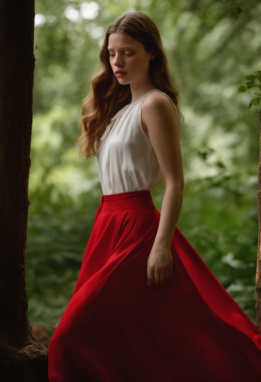 Mia Goth，Brown hair，red long skirt，Turn to the left，head bowed slightly，Rag in hand，Lost，Trapped，Masterpiece，Best quality