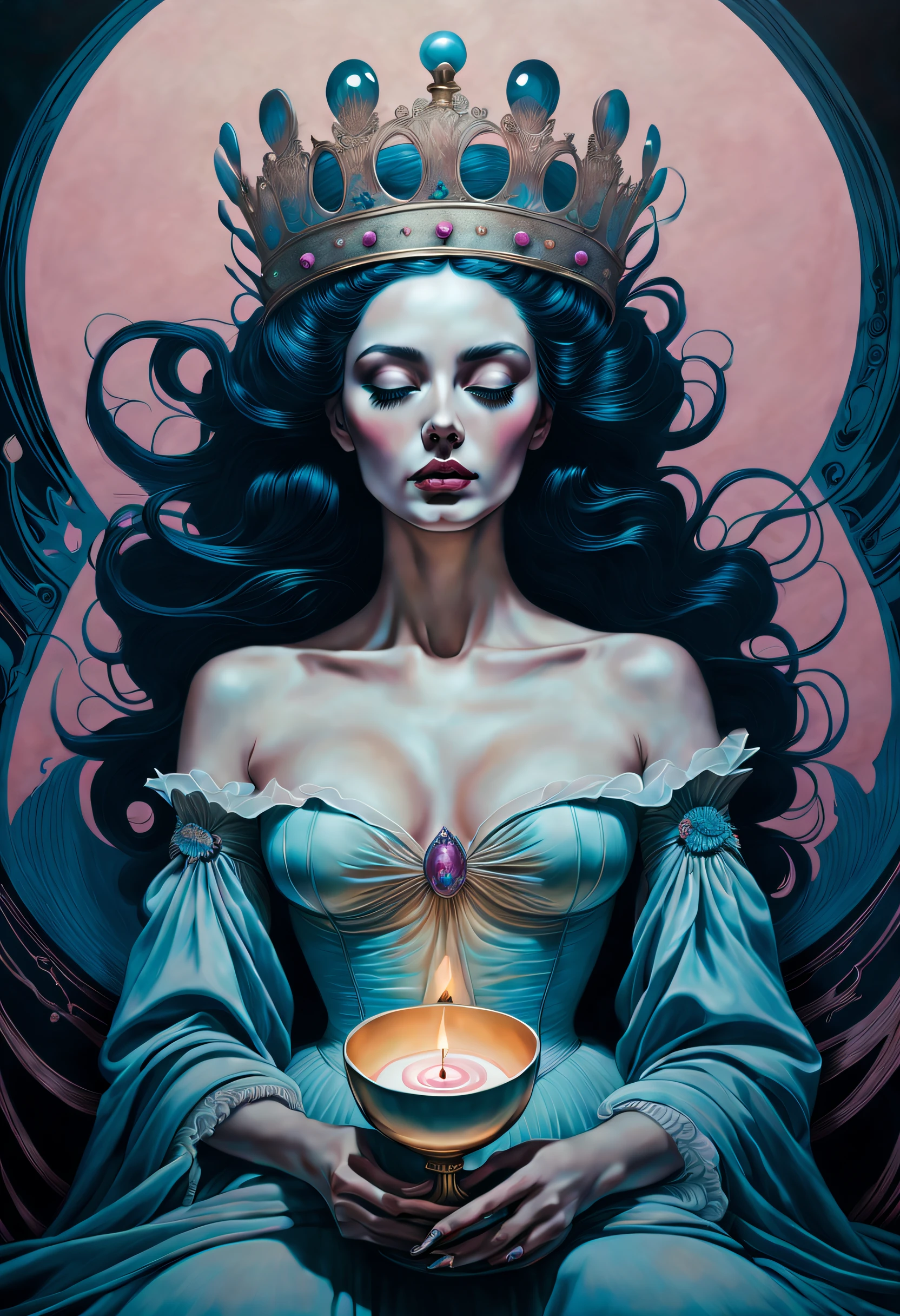 chiaroscuro technique on sensual illustration of an queen of cups, vintage queen, eerie, matte painting, by Hannah Dale, by Harumi Hironaka, extremely soft colors, hint of pastel vibrant, highly detailed, digital artwork, high contrast, dramatic, refined, tonal, highest quality,anatomy correct,ultra-wide-angle,depth of fields