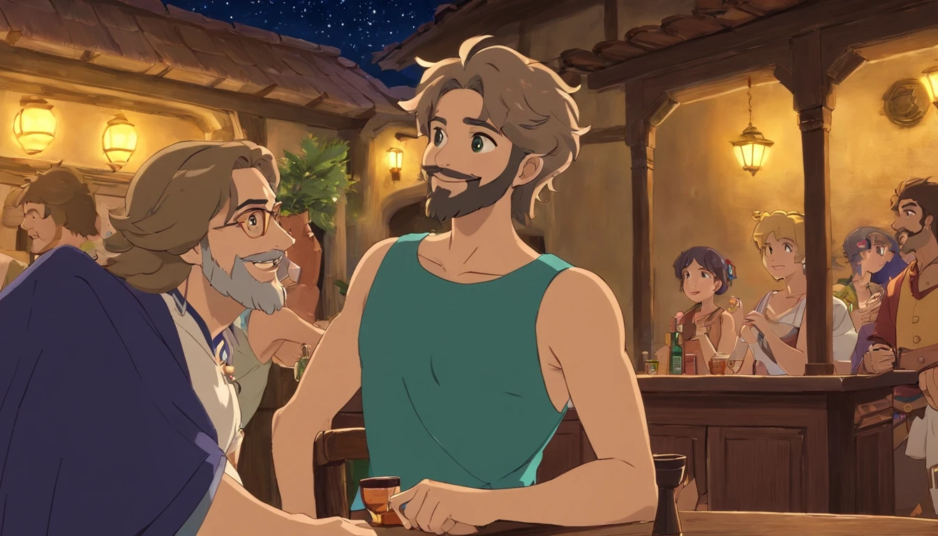 short hair Zeus with sexy beard talking to tavern owner, traditional greece outfit, they deep into conversation, background people party, drinking, having fun, smiling, party, midnight, starry sky, center to zeus and tavern owner,