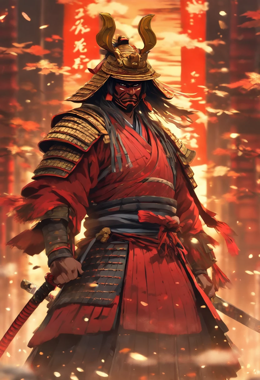(((Samurai Armor))) best quality, very high resolution, detailed CG in 4K, masterpiece, Hachiman, red, Shui mo Hua, Chinese tribes, Chinese city, forest, aesthetics, beautiful image, centered on the screen, all body