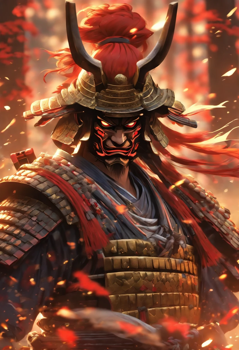(((Samurai Armor))) best quality, very high resolution, detailed CG in 4K, masterpiece, Hachiman, red, Shui mo Hua, Chinese tribes, Chinese city, forest, aesthetics, beautiful image, centered on the screen, all body