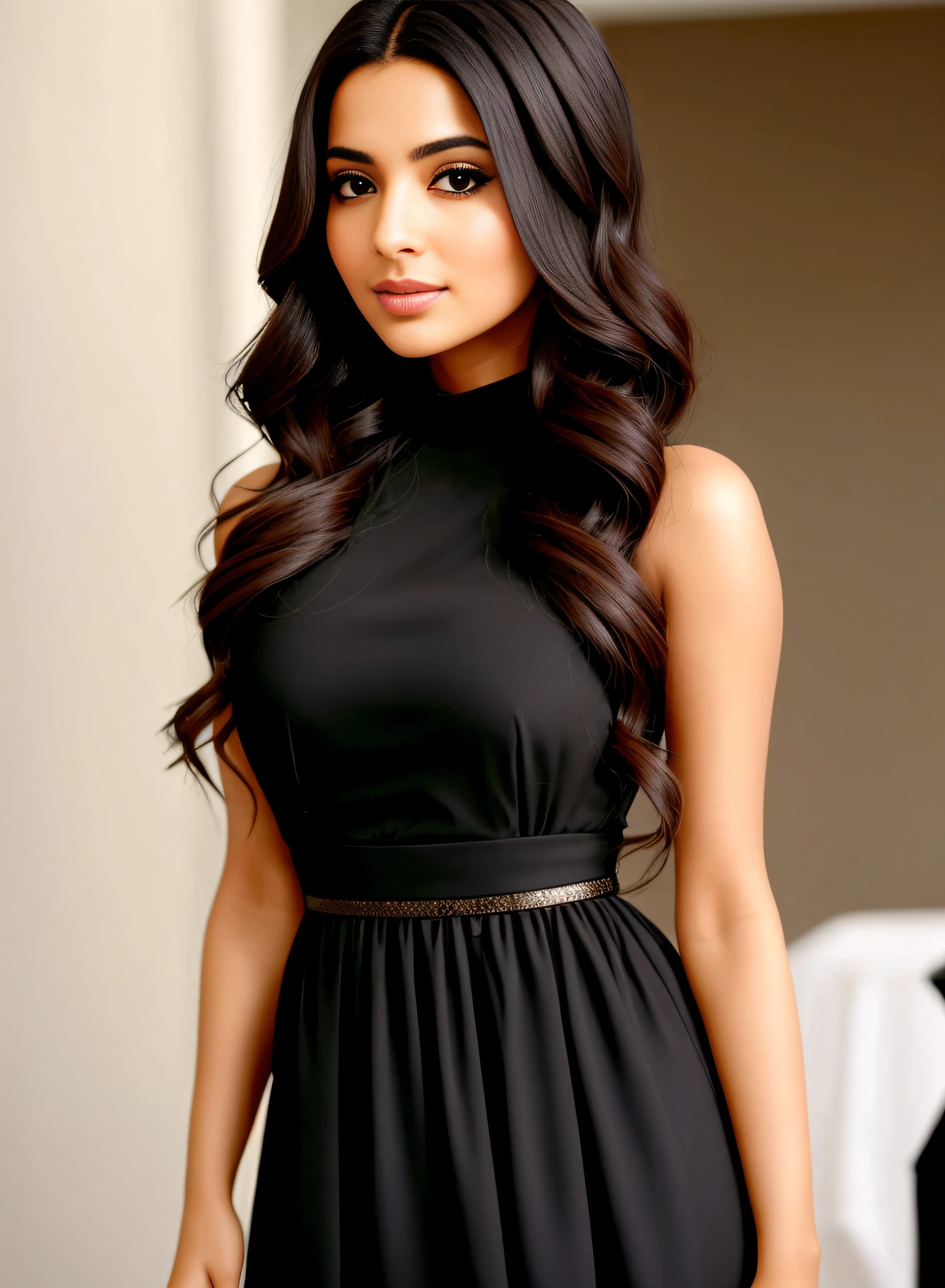 Woman with long hair and a black dress posing for a photo, Ameera al Taweel bronzée,, brune aux cheveux blonds teints, longs cheveux blonds clairs luxueux, Belle femme arabe, jaw dropping beauty, Ameera Al Taweel grecque, long wavy blonde hair, Ameera Al Taweel arabe