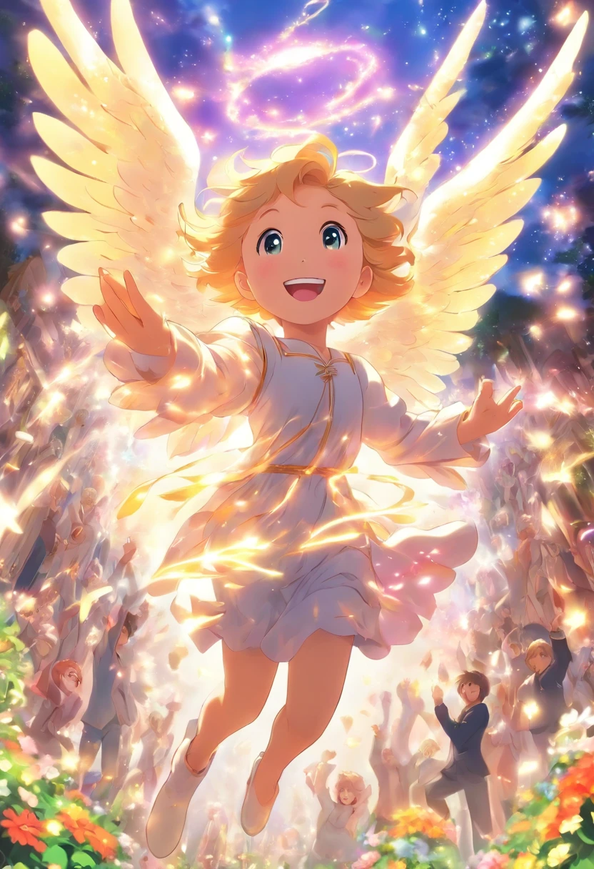 angel art, everyone jumps, smiles, joy, heaven, love, flower garden, happiness, light, lassen