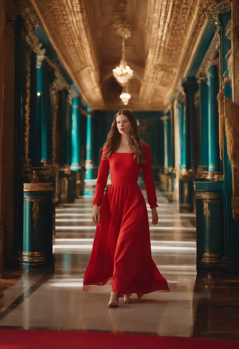 Mia Goth,Brown hair,Red dress with long sleeves,head bowed slightly,Dancing,bright,Colorful,Masterpiece,Best quality