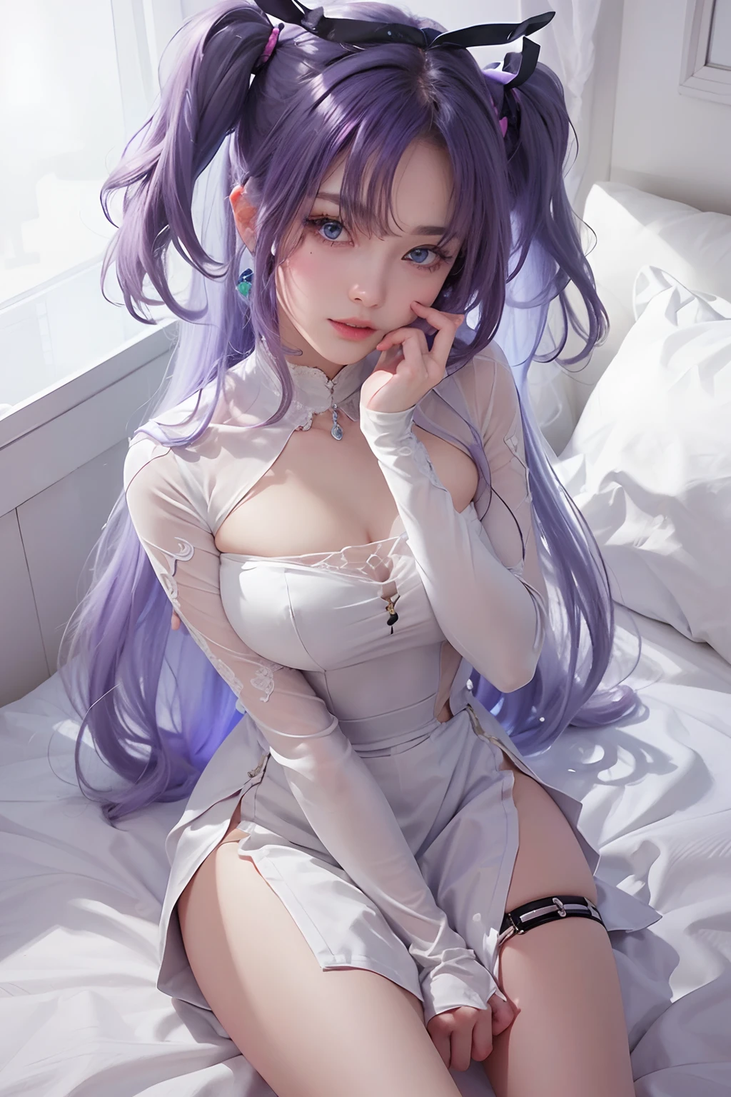Purple hair, blue eyes, twintail, long hair reach bed, tight white dress, very detailed, highly detailed dress, highly detailed face, highly detailed hair, highly detailed five fingers, highly detailed hands