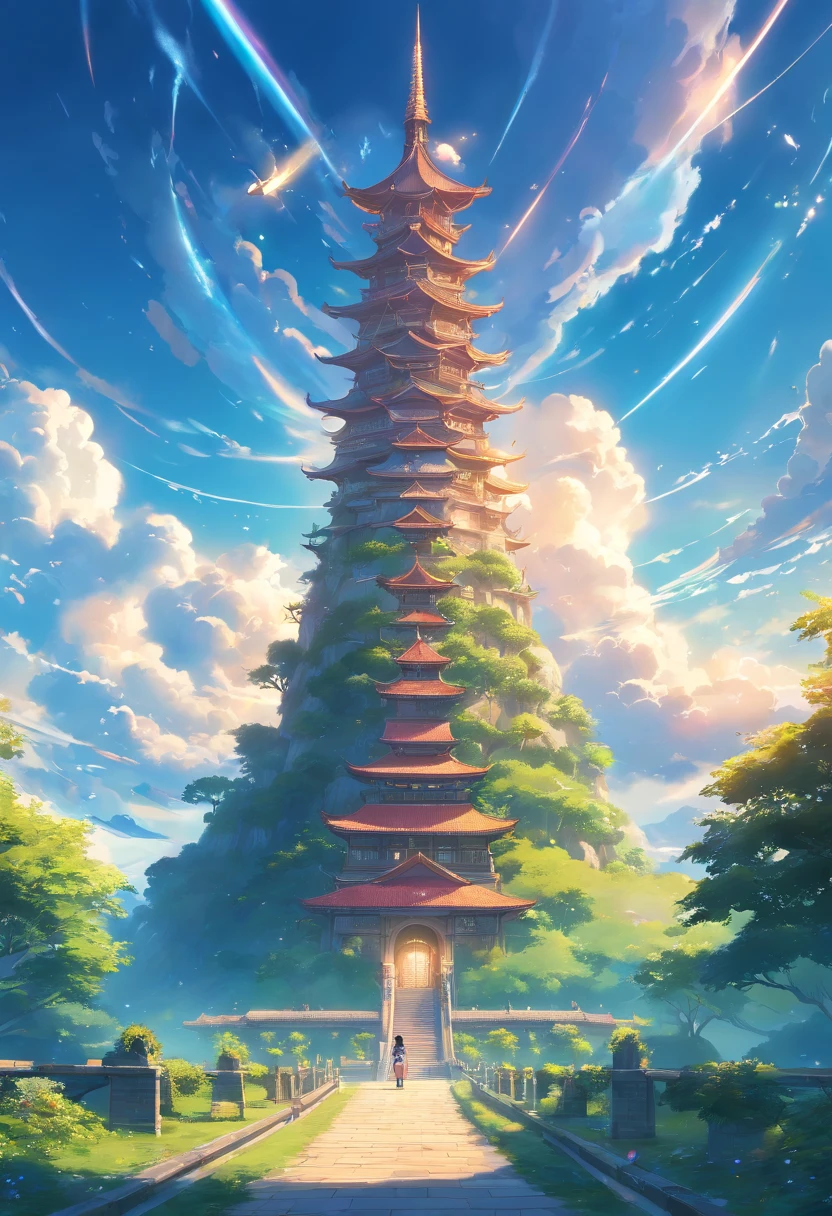 Tower of fantasy in land, built soaring high into the sky, magic world, cloud, magic element surrounded tower, magical creature, magical beast, cinematic, intricate and highly detailed, (ultra-detailed CG unity 8K wallpaper), shot from bellow, low angle, one point perspective