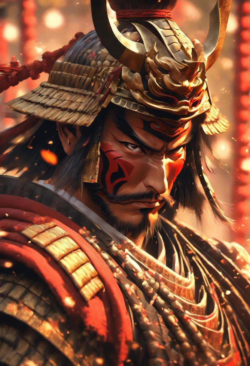 (((Samurai Armor))) best quality, very high resolution, detailed CG in 4K, masterpiece, Hachiman, red, Shui mo Hua, Chinese tribes, Chinese city, forest, aesthetics, beautiful image, centered on the screen, all body