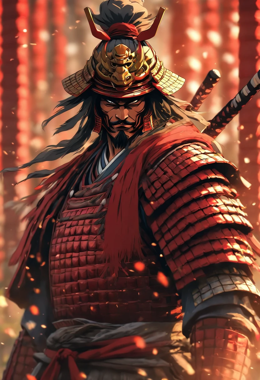 (((Samurai Armor))) best quality, very high resolution, detailed CG in 4K, masterpiece, Hachiman, red, Shui mo Hua, Chinese tribes, Chinese city, forest, aesthetics, beautiful image, centered on the screen, all body