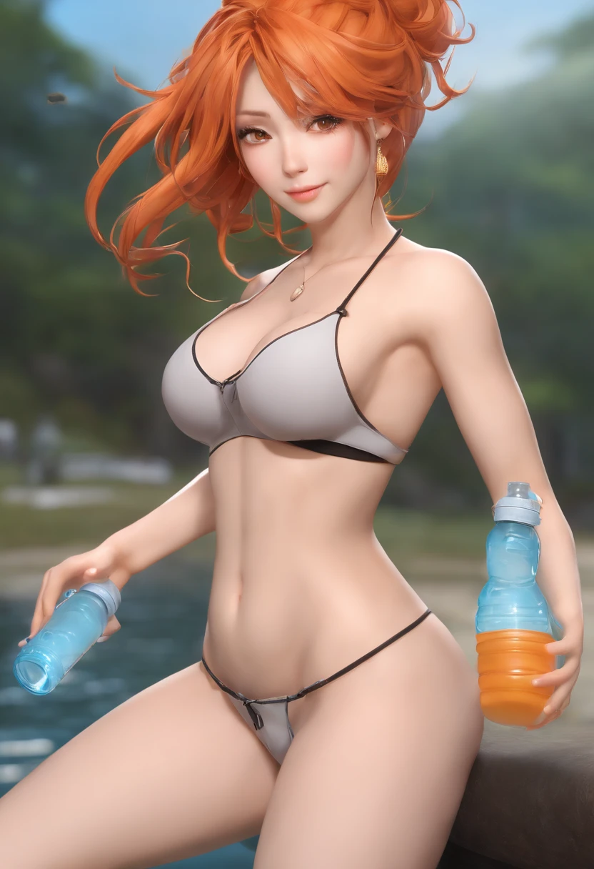 nsfw, masterpiece, 1 girl, ((topless)), intricately detailed, navel, necklace, orange hair, jogging pants, smiling, extremely detailed, photorealistic, octane render, 8 k, unreal engine., bare breasts, bare stomach, sweaty, beautiful face, small breasts, flat chest, silence suzuka \(umamusume\), park, horse ear, horse tail, bare shoulders, nipples, holding water bottle, nude, running, open mouth