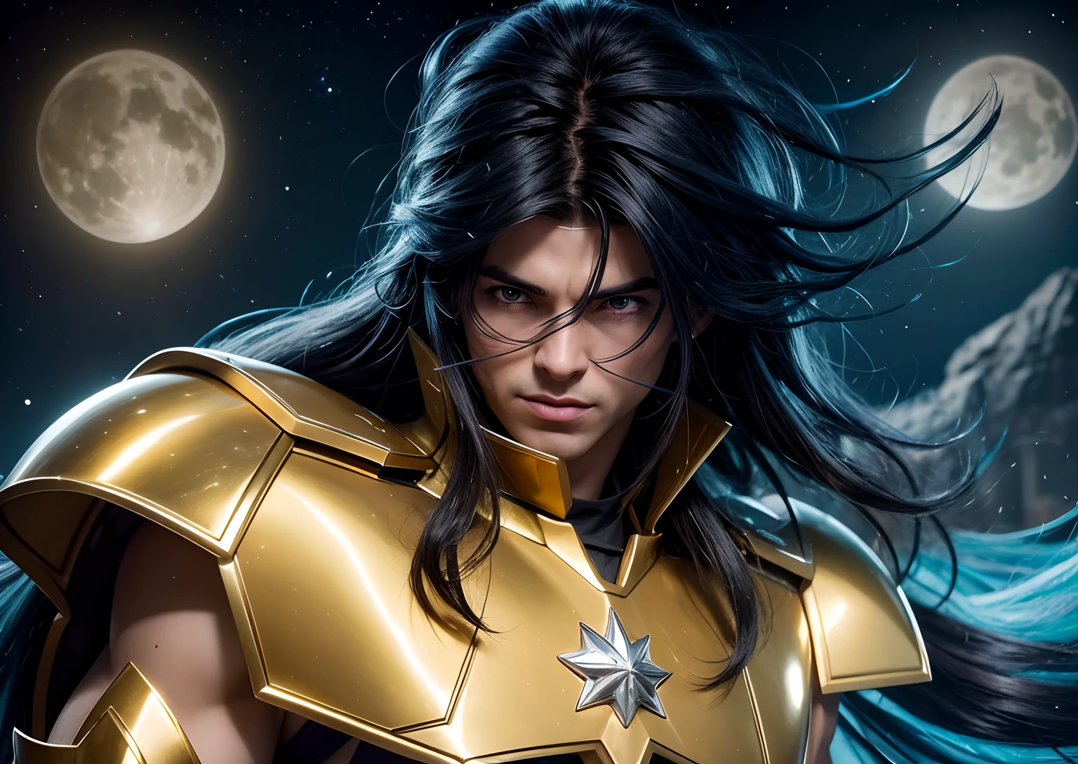 cinemactic, incrivelmente detalhado e ultrarrealista Saga go gemini de Saint Seiya. fechar para cima. He's warring on pretty realistic golden armor. Armadura dourada brilhante. armadura de ouro detalhada. Octane is the perfect tool to capture the softest details of this 16k photography masterpiece. He is a handsome white man about 40 years old. beautiful face. Homem branco. Rosto detalhado. Nariz bonito. (Olhos azuis bonitos). olhos perfeitos. depilado. face de diamante. Ele tem um longo cabelo liso azul, liso e com franjas. ((depilado)). He's staring his enemy in the face. Various stars in the background of the night.