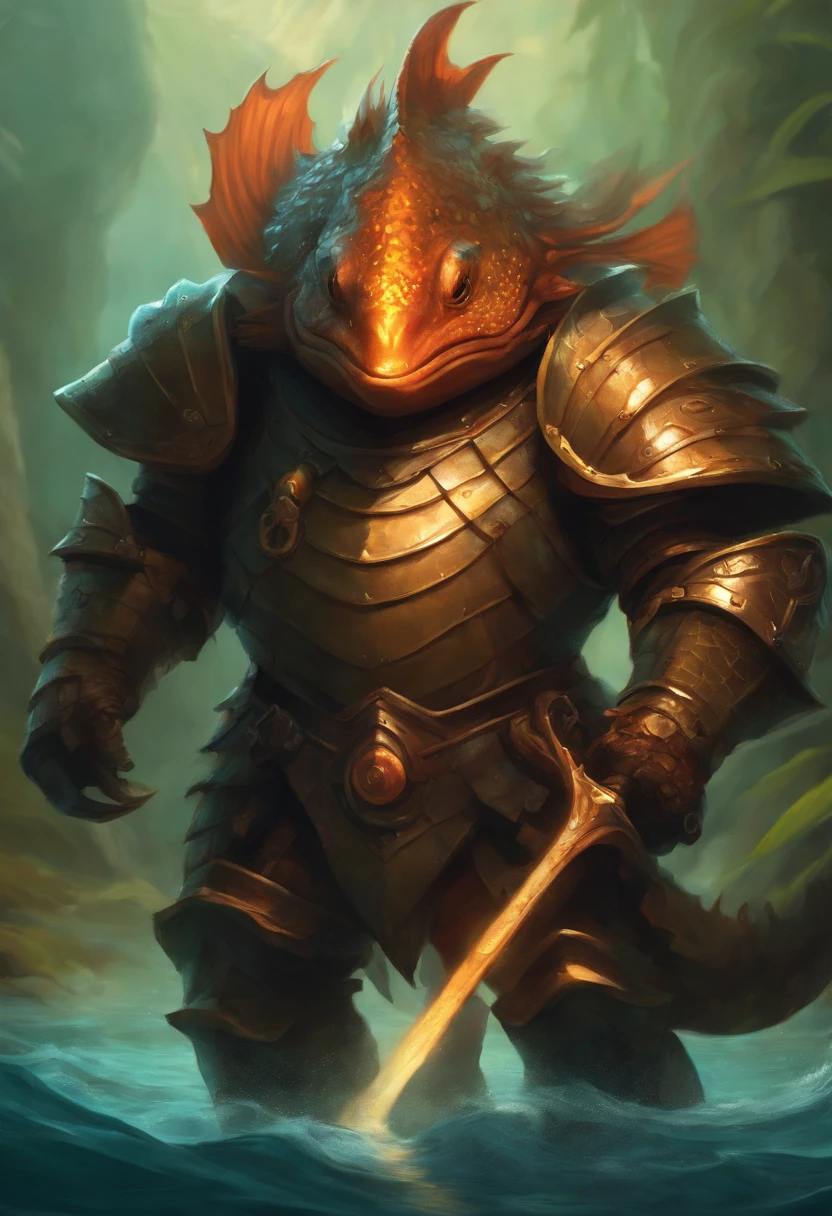 cartoony fish monster in armor, very menacing, humanoid structure, holding flaming spear, is a fish, is a woman but not human, very dangerous, captain of royal guard.