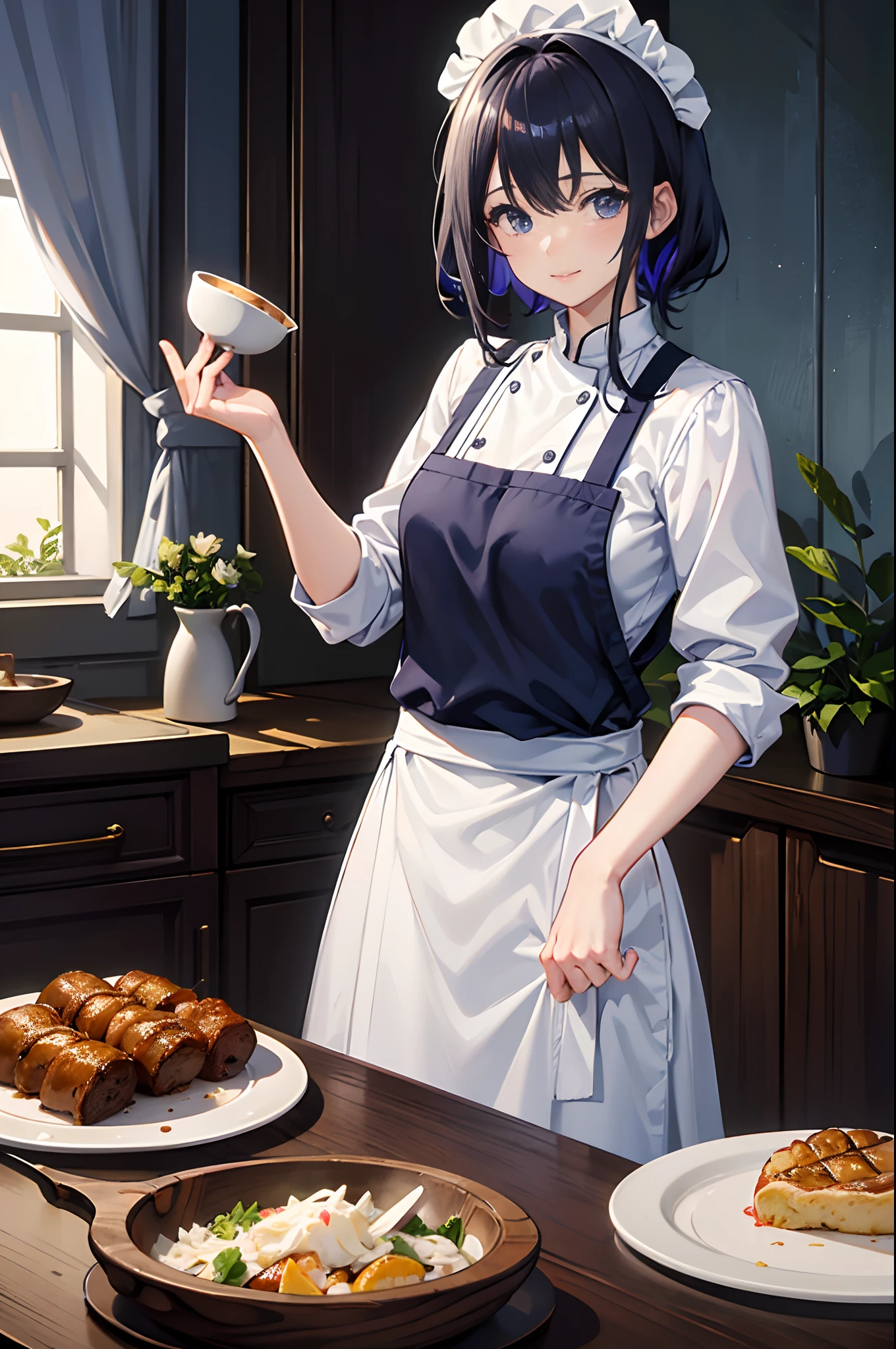 Chef-d'oeuvre, Best quality, fille mignonne, mini-jupe, dans la cuisine, sourire, cheveux noirs, yeux bleus clairs, Rain at the window.