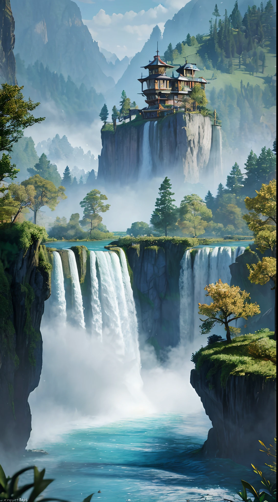 Analog style,ChromaV5,nvinkpunk,(extremely detailed CG unity 8k wallpaper),An image of a majestic river, trees on the sides, tiny waterfall, intense fog ,award winning photography, Chromatic Aberration, Detailed , HDR, Bloom, style by Monet, Pissarro, and Sisley ,trending on ArtStation, trending on CGSociety, art by midjourney