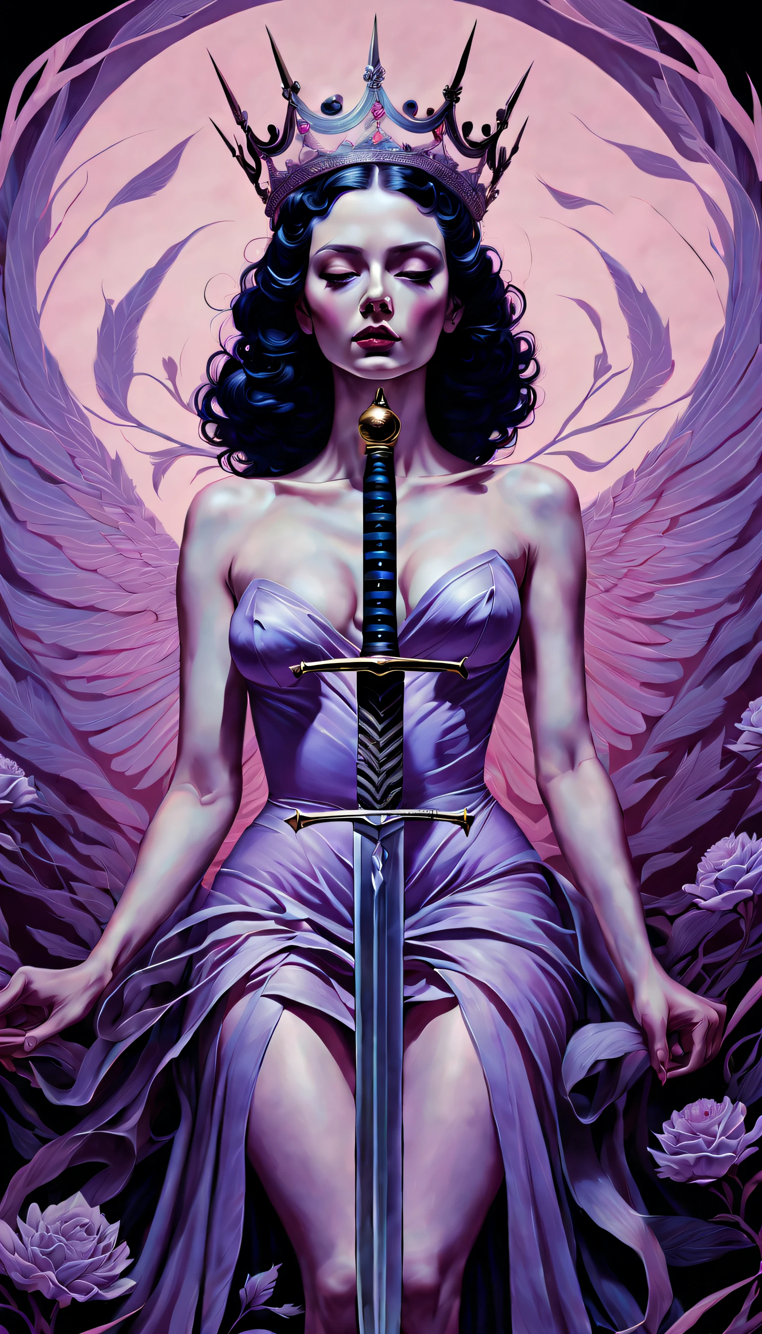 chiaroscuro technique on sensual illustration of an queen of swords, vintage queen, eerie, matte painting, by Hannah Dale, by Harumi Hironaka, extremely soft colors, hint of pastel lavender vibrant, highly detailed, digital artwork, high contrast, dramatic, refined, tonal, highest quality，anatomy correct，ultra-wide-angle，depth of fields