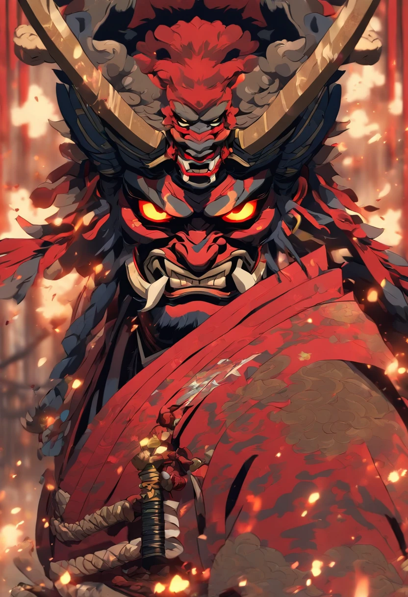 (a male dancer wearing an elaborate demon mask and holding a long spear,dancing in a crowd at a Chinese festival,a drummer beating a drum in the background,ultra wide-angle perspective),(best quality,ultra-detailed,high-res,realistic),vibrant colors,celebratory atmosphere,dynamic lighting