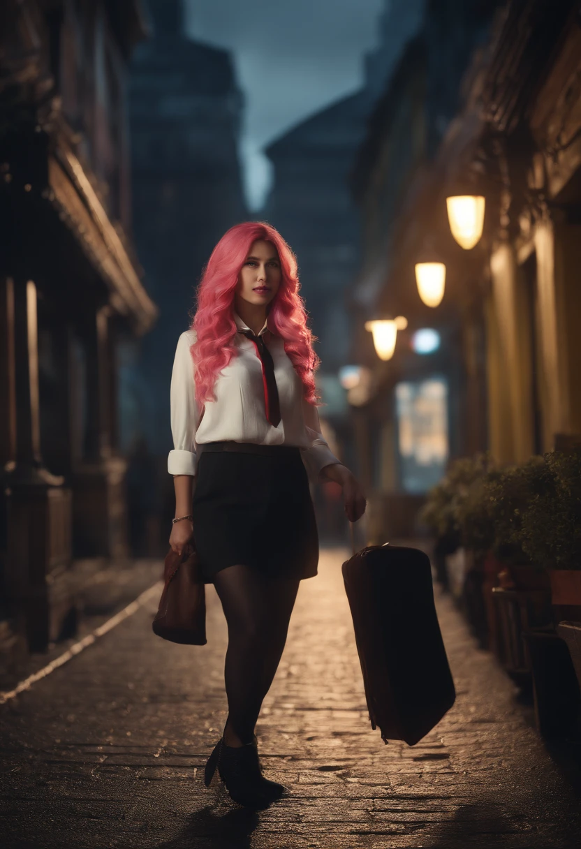 1girl, long pink hair, red horns, white collared shirt, black necktie, light smile, yellow eyes, corneo_power,, buildings,shops,town streets, dark sky, scenery,neon signs,night city, japanese lyrics,, , absurdres, detailed eyes, extremely detailed, volumetric lighting, realistic, realistic lighting, 8k, cinematic lighting, depth of field, perfect, hyper-detailed, photorealistic, ultra realistic, realistic light, hard lighting, intricate details, stop motion, tonemapping, sharp focus, hyper detailed,