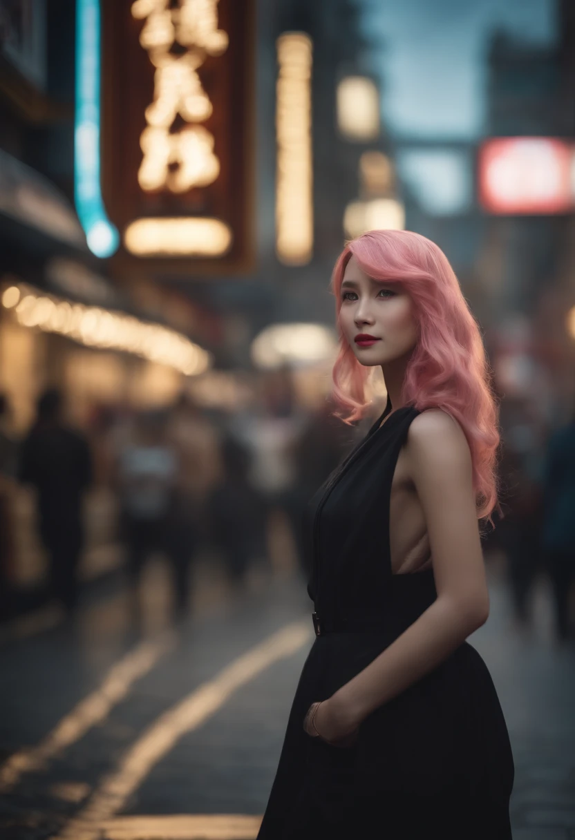 1girl, long pink hair, red horns, white collared shirt, black necktie, light smile, yellow eyes, corneo_power,, buildings,shops,town streets, dark sky, scenery,neon signs,night city, japanese lyrics,, , absurdres, detailed eyes, extremely detailed, volumetric lighting, realistic, realistic lighting, 8k, cinematic lighting, depth of field, perfect, hyper-detailed, photorealistic, ultra realistic, realistic light, hard lighting, intricate details, stop motion, tonemapping, sharp focus, hyper detailed,