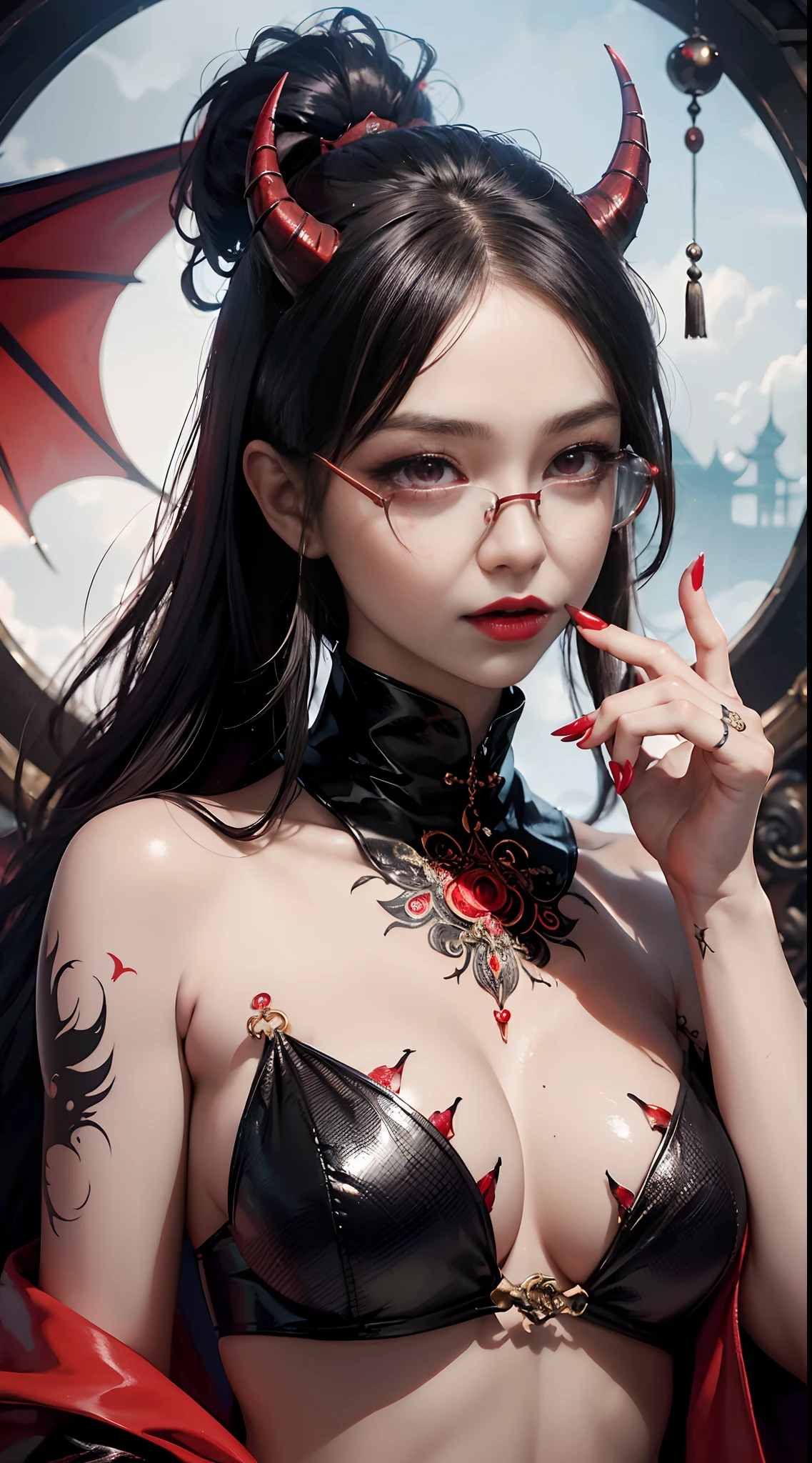 Fine、(The best illustrations)、8k UHD resolution、intricate-detail、top-quality、realisitic、ultra-detailliert、The best lighting、Best Shadows、Soft lighting、Ulutra HD、1 beautiful devil woman from hell, surreal female portraits by David Hockney and Alphonse Mucha, Fantasy Art, Chinese Doll、Dungeon and Dragon、Devil's Palace、Devil's Torture Chamber、magia、 A Necromancer、natta、Dark style、Succubus、Devil's Daughter、Bat Wings，(((Demon Horns)))、((((black-rimmed round glasses))))、(((Colossal tits)))、(Devil's Tail)、(red eyes glowing:1.6)、 intricate tattoos, demonic intricate tattoos, thigh tattoos, body tattoos, ​masterpiece、beautiful countenance、Muscular seductive body、The enchanting body of the devil、Seductive Black Magic Costume、A shiny red snake is wrapped around her hand、Tindall Effect、photos realistic、(High Detail Skins:1.2)、 (Intricate details, makeup, pureerosface_v1:0.5), (Detailed beautiful delicate face, Detailed beautiful delicate eyes, A perfectly proportioned face, High detailed skin, Detailed skin, best ratio four finger and one thumb, arms below breasts, Tattoo with a red glow under the stomach、Awesome awesome, wide hips, smooth midriff, skiny and thin, __Fashion__, __hair__:1.25)、Digital SLR、hightquality、a picture、hight resolution、 absurderes、Ponytail distortion、1人、Red sparkling gemstone necklace、jewely、Beautiful expression、Body Up、Large breasts emphasis、Toned waist、Wide buttocks、Devil's Tail、intricate tattoos, demonic intricate tattoos, thigh tattoos, body tattoos, effect、Photorealsitic、(High Detail Skins:1.2)、In the Dark, lowkey, cowboy lens, (Black Phoenix Dress: 1.0), Seductive Black Magic Costume、Long hair, Black hair, Bust, Devil's Palace, devil crown, red eyes make up very sharp and detailed, The most beautiful face, Super tight breasts, Breast augmentation surgery, The breasts are very big and round and round, Black magic costume、Super realistic , Charming smile, The eyes are very well made up, ((Red Eye:1.0)), guweiz, devil style,Muscular seductive body、 wearing black m